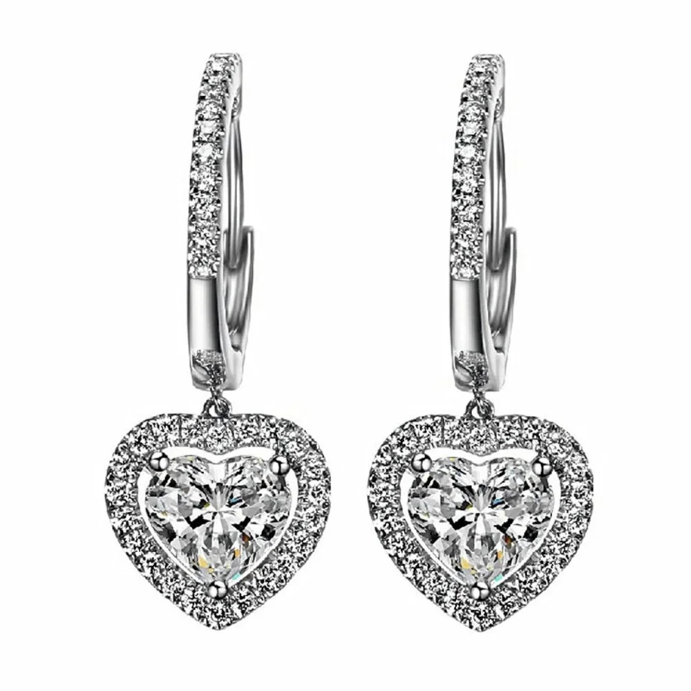 925 Silver Plated Trendy Heart Cut CZ Drop Earrings, FB16FA1073
